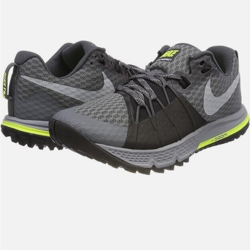 Nike Women's Gray and Black Trail Running Shoes with Neon Yellow Accents